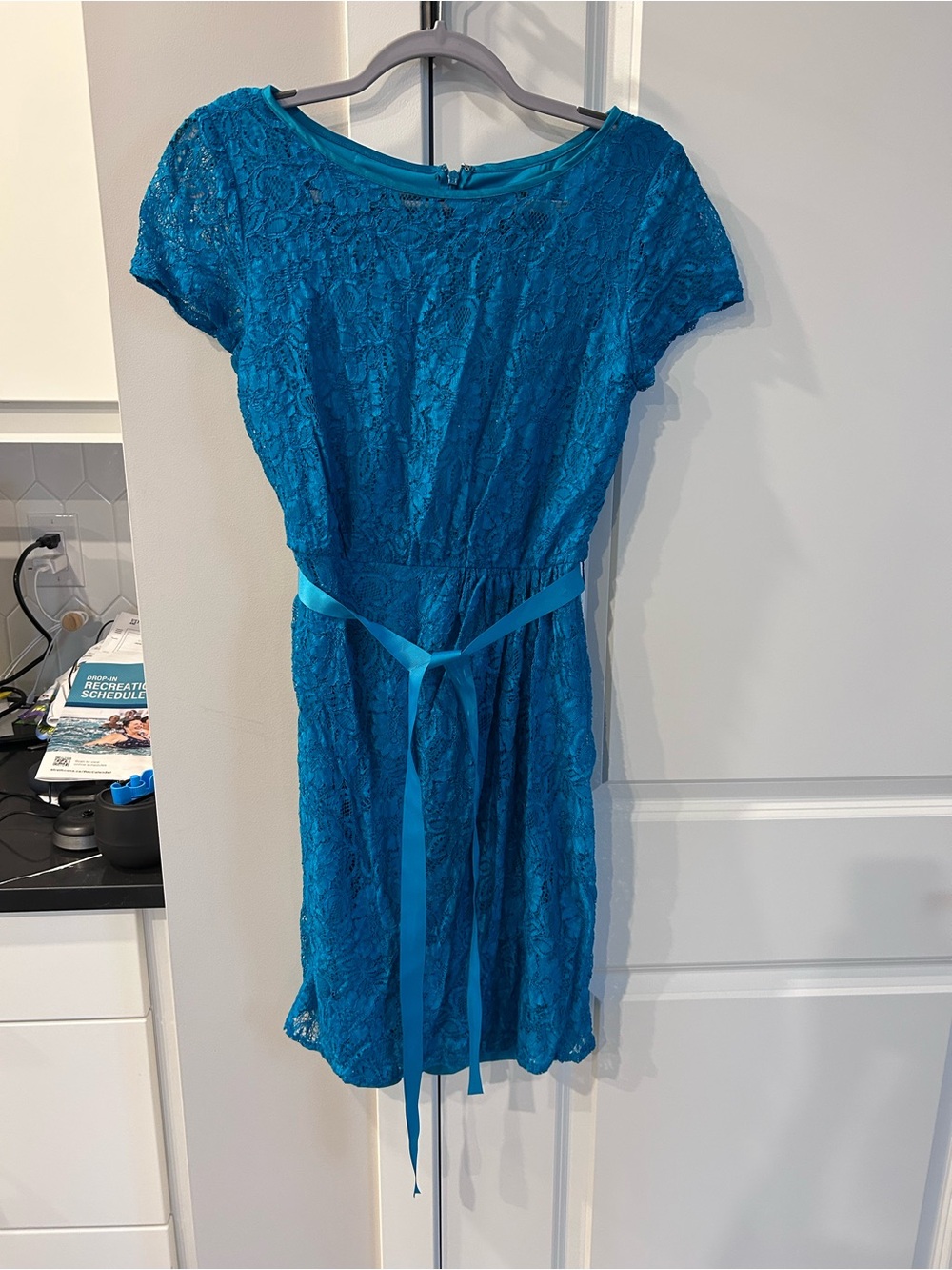Adrianna Papell Teal BlueLace Dress Short Sleeve Waist Tie Fit & Flare Cocktail
